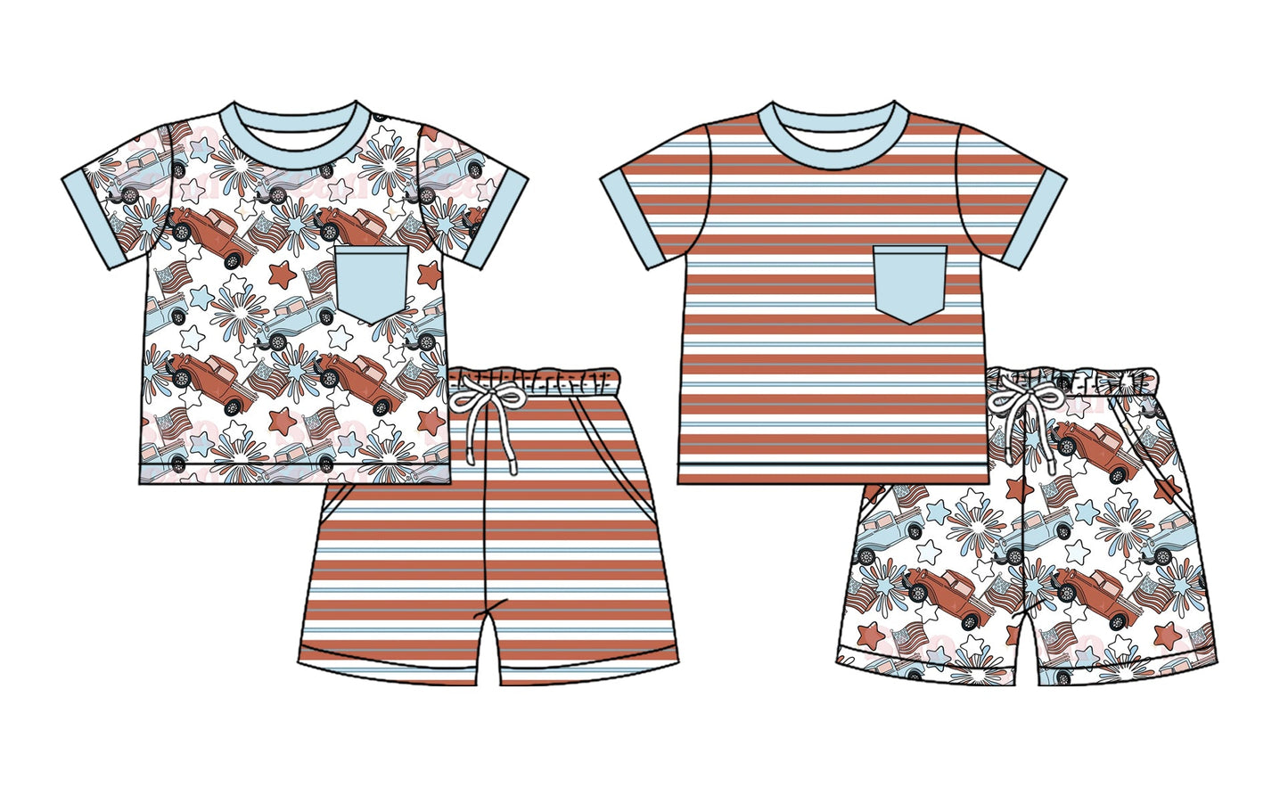 Baby Boy Short Sleeves July 4th Stars Flags Sibling Set ( Moq 5 Each Style ) 2.28
