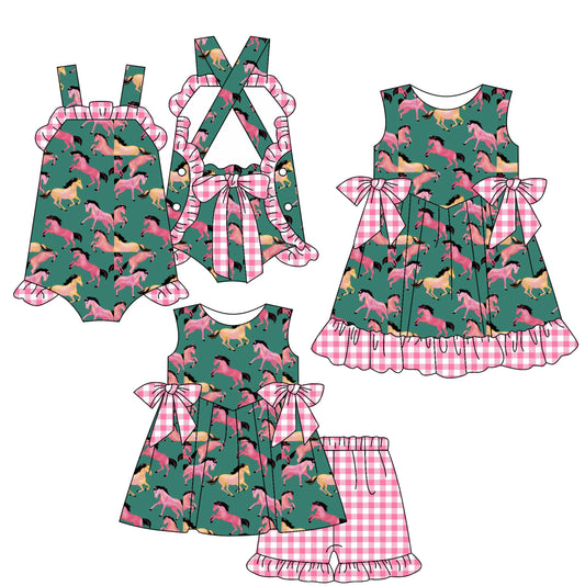 Baby Girl Western Horse Bows Sibling Romper Dress Set ( Moq 5 Each Style ) 2.15
