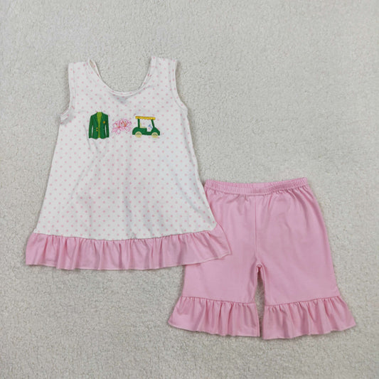 Baby Girls Embroidery Golf Flower Bows Ruffle Tops Pink Shorts Clothes Set RTS