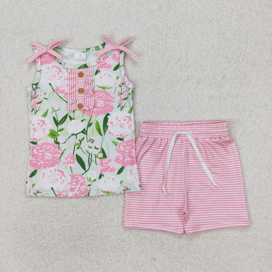 Baby Girl Bows Flower Button Tunic Tops Pink Stripes Shorts Set RTS
