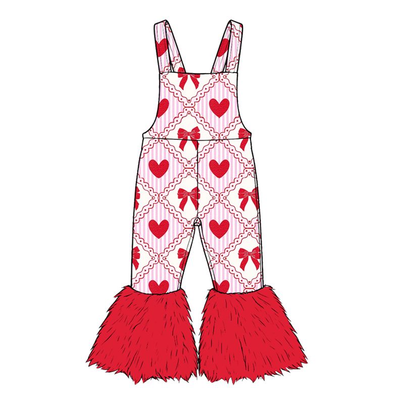 ( Moq 5 ) Preorder Baby Girls Kids Valentine Bows Hearts Overalls Red Fur Jumpsuit Clothes