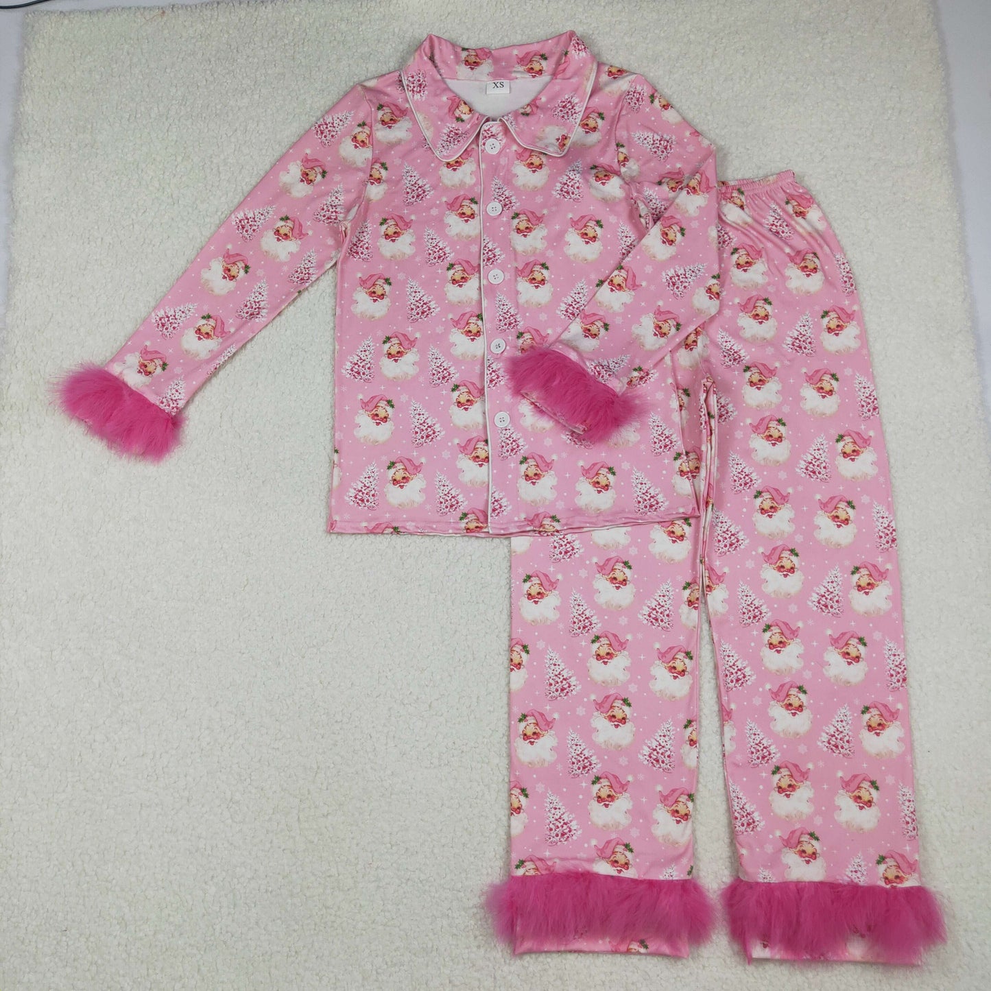 Adult Woman Pink Fur Long Sleeves Santa Tree Buttons Shirt Pants Christmas Pajamas Set RTS
