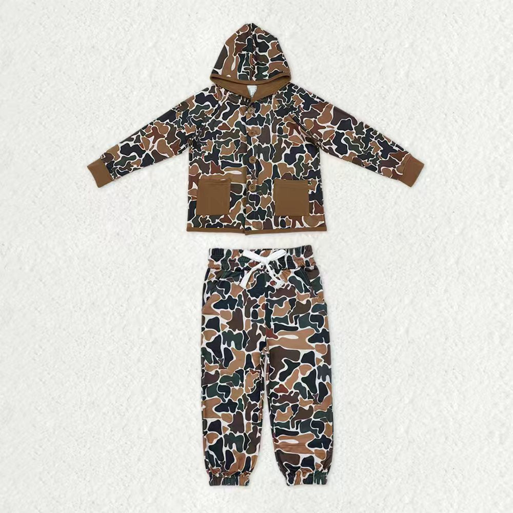 Sibling Baby Boys Long Sleeves Southern Camo Pockets Buttons Hoodie Tops Pants Clothes Sets RTS