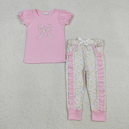 Baby Girls Kids Short Sleeves Embroidery Bow Pink Shirt Floral Ruffle Pants Set RTS