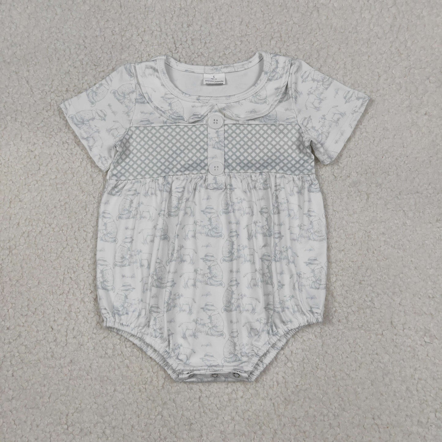 Baby Girls Infant Short Sleeves Goats Plaid Buttons Bubble Romper RTS