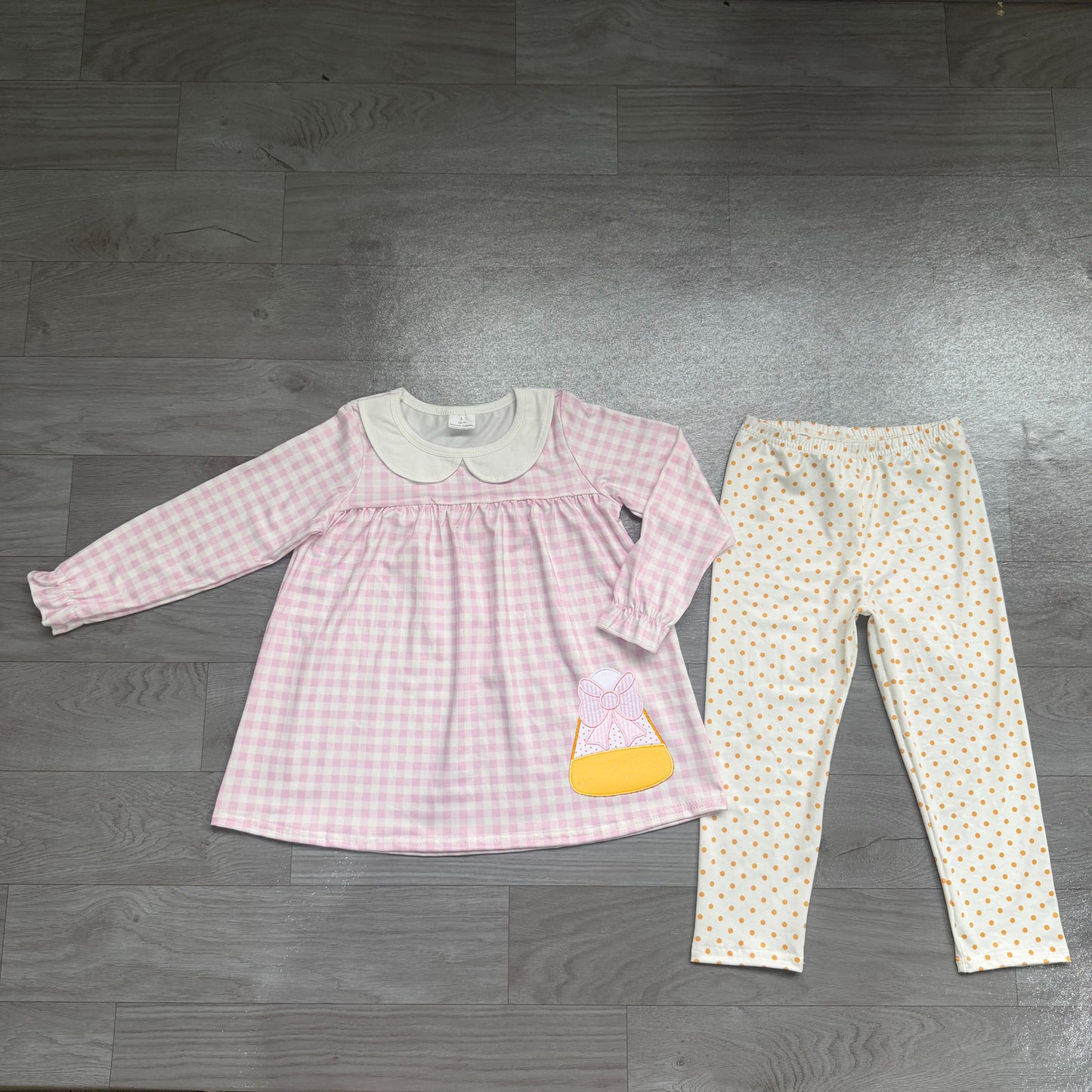 ( No moq ) Preorder Baby Girls Kids Long Sleeves Pink Plaid Bows Candy Tunic Pants Set Halloween Clothes