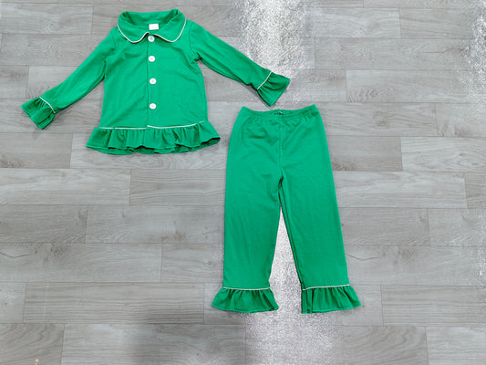 ( No moq ) Preorder Baby Girls Kids Buttons Shirt Pants Green Pajamas Christmas Set Clothes