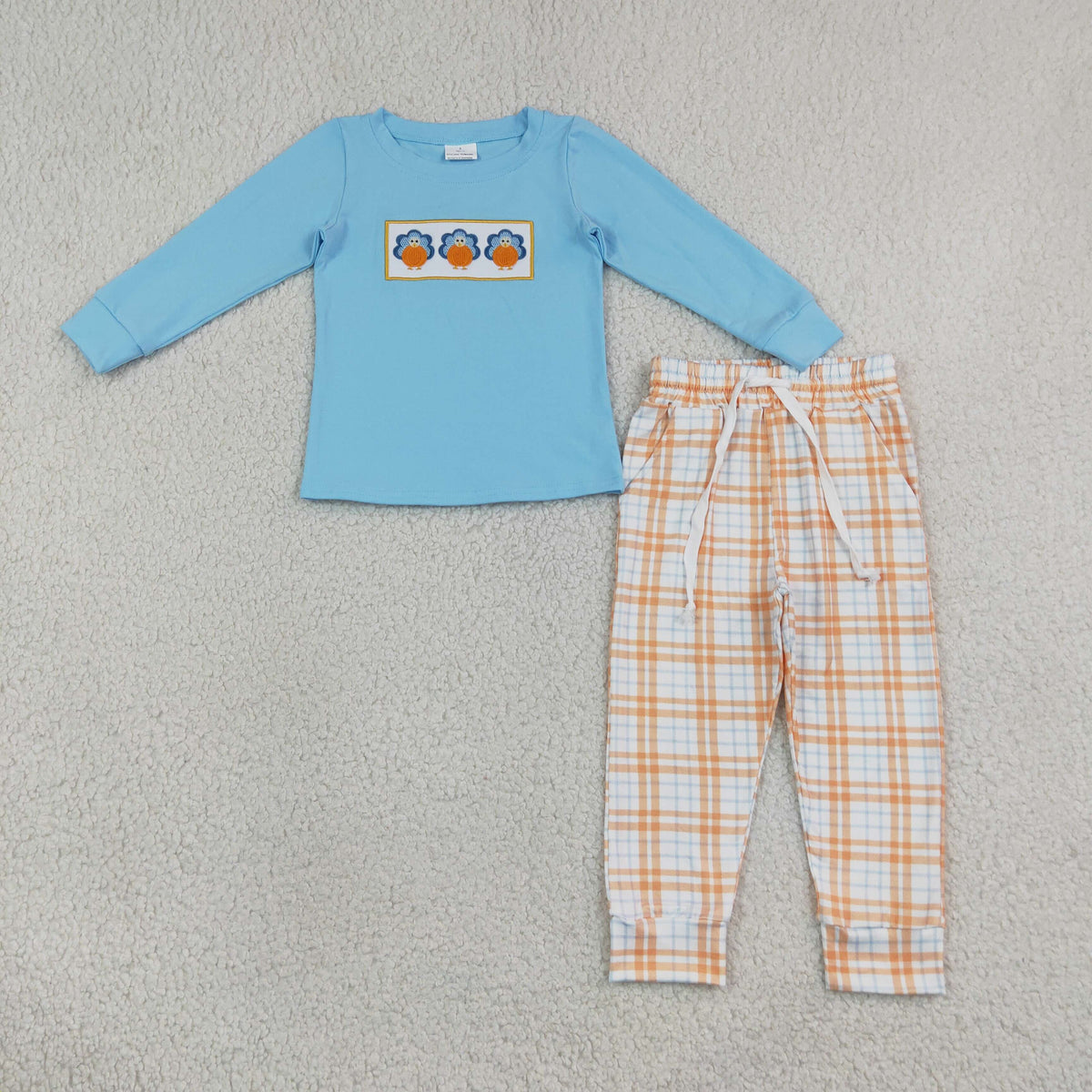 Baby Boy Kids Embroidery Pumpkins turkey Shirt Pockets Plaid Pants Set Fall Clothes RTS