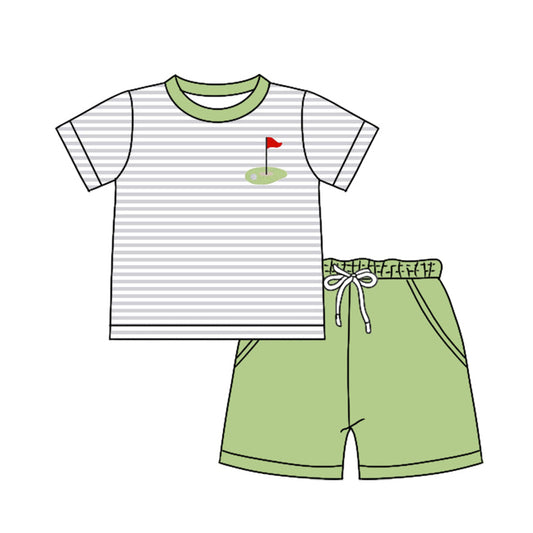 Baby Boy Short Sleeves Golf Stripes Shirt Pockets Green Shorts Clothes Set Moq 5