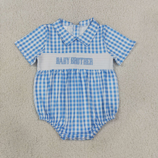 Baby Boys Infant Embroidery Baby Brother Blue Plaid Smocked Bubble Romper RTS