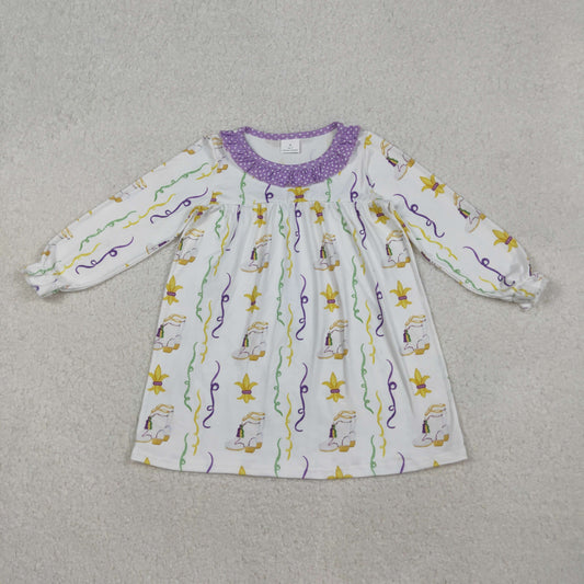 Baby Girl Long Sleeves Mardi Gras Purple Ruffle Knee Length Dress RTS