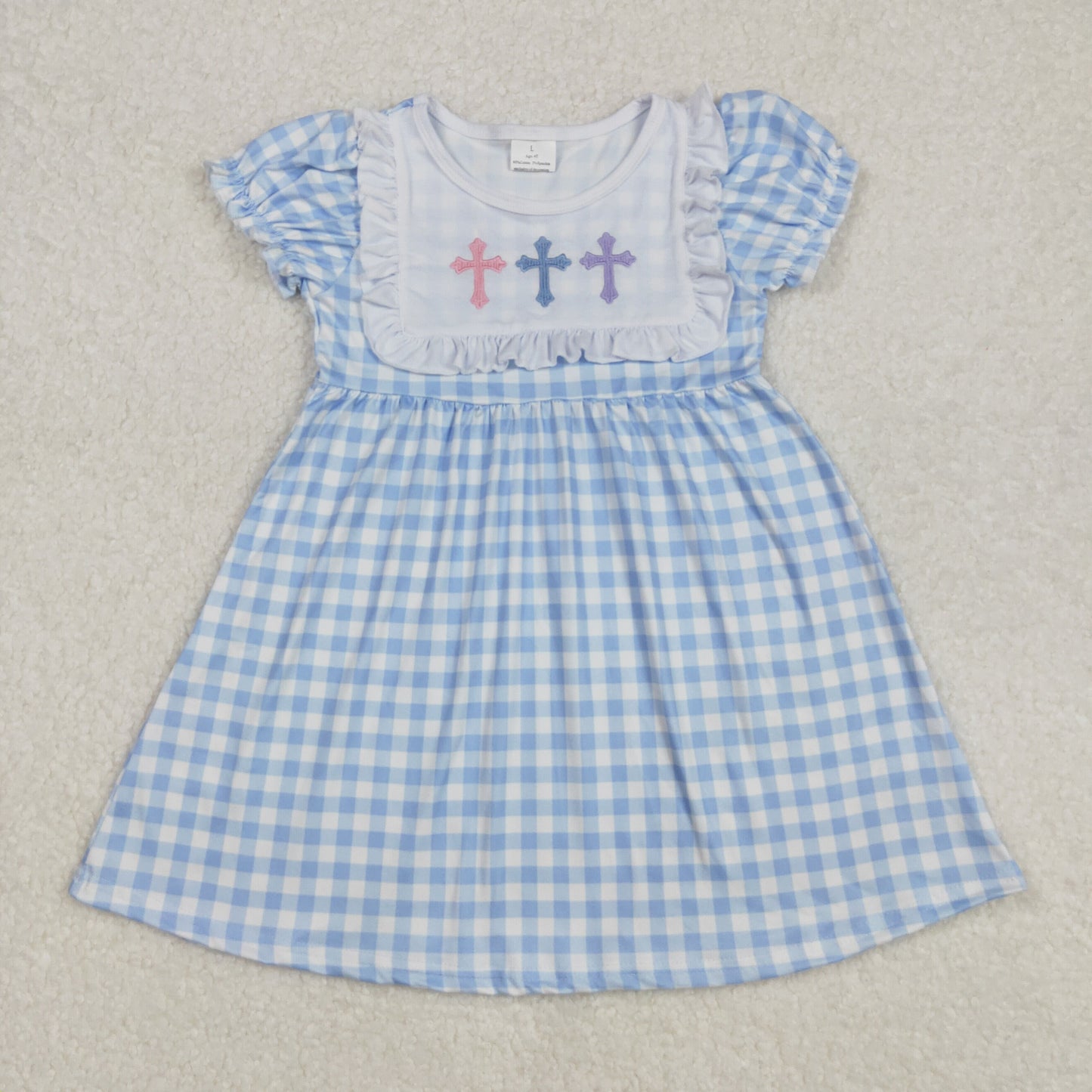 Baby Girl Short Sleeves Embroidery Easter Cross Blue Plaid Knee Length Dress RTS