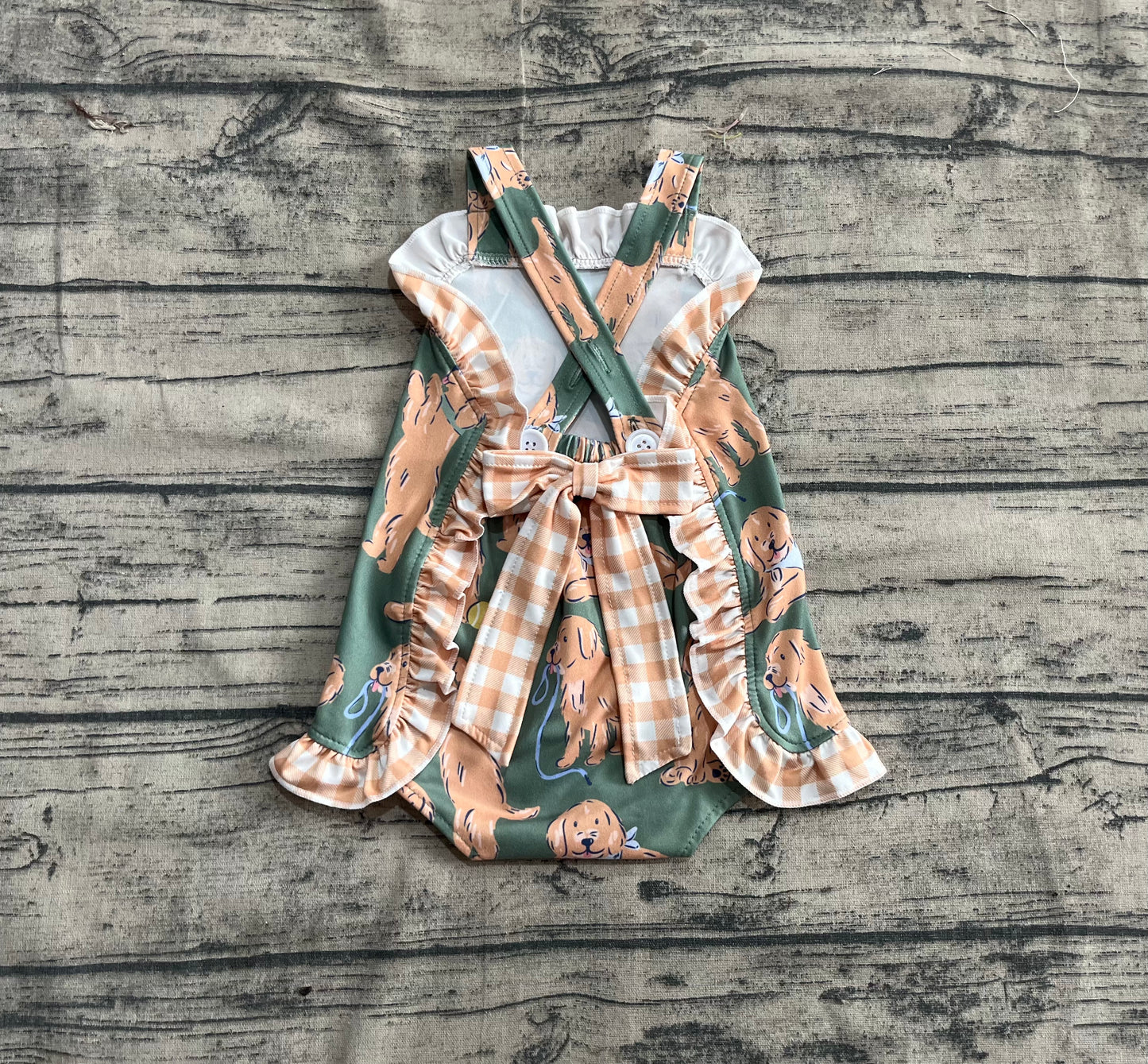 Baby Girl Infant Straps Dogs Bow Bubble Romper RTS