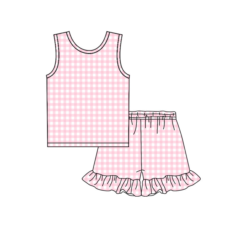 ( Moq 5 ) Preorder Baby Girls Kids Sleeveless Pink Plaid Tops Ruffle Shorts Set Summer Clothes