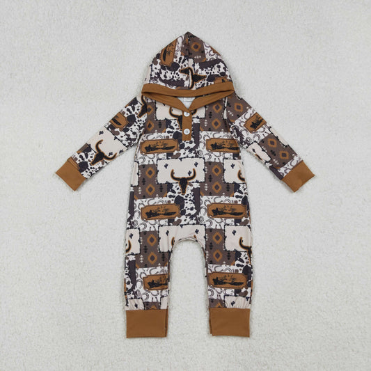 Baby Boy Long Sleeves Cow Cactus Aztec Hoodie Western Romper RTS