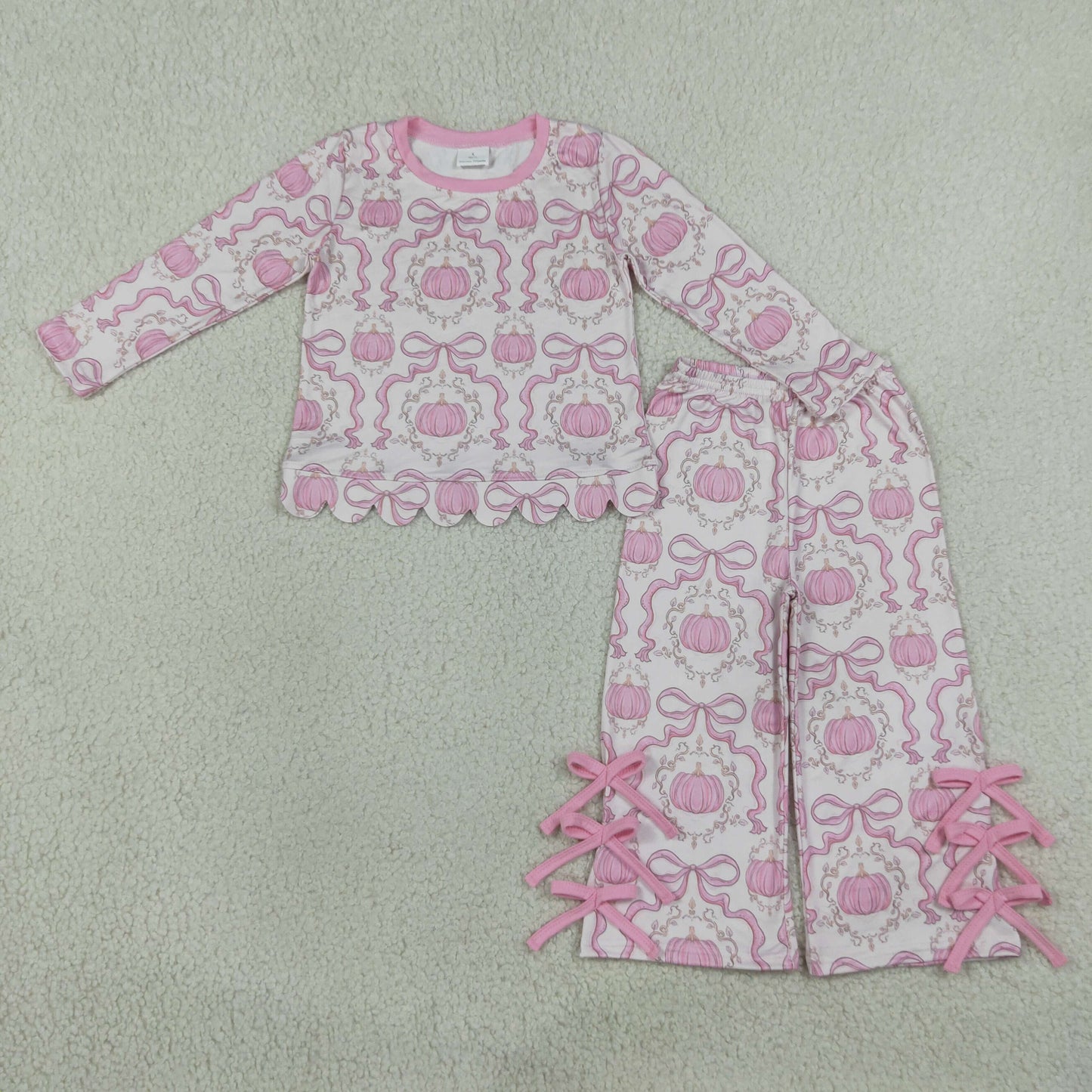 Baby Girls Kids Long Sleeves Pumpkins Scallop Shirt Pink Bows Pants Set Fall Clothes RTS
