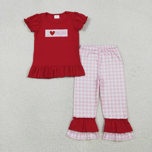 Kids Girls Embroidery I Love MOM Red Shirt Plaid Ruffle Pants Set Clothes RTS