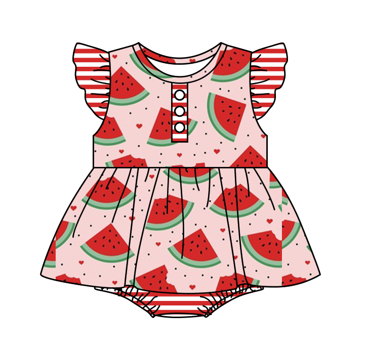 Baby Girl Short Sleeves Watermelon Stripes Hearts Sibling Romper Dress Clothes Set ( Moq 5 Each Design )