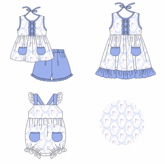 Baby Girl July 4th Bows Flag Sibling Summer Romper Dress Clothes Set ( Moq 5 Each Design )11.23