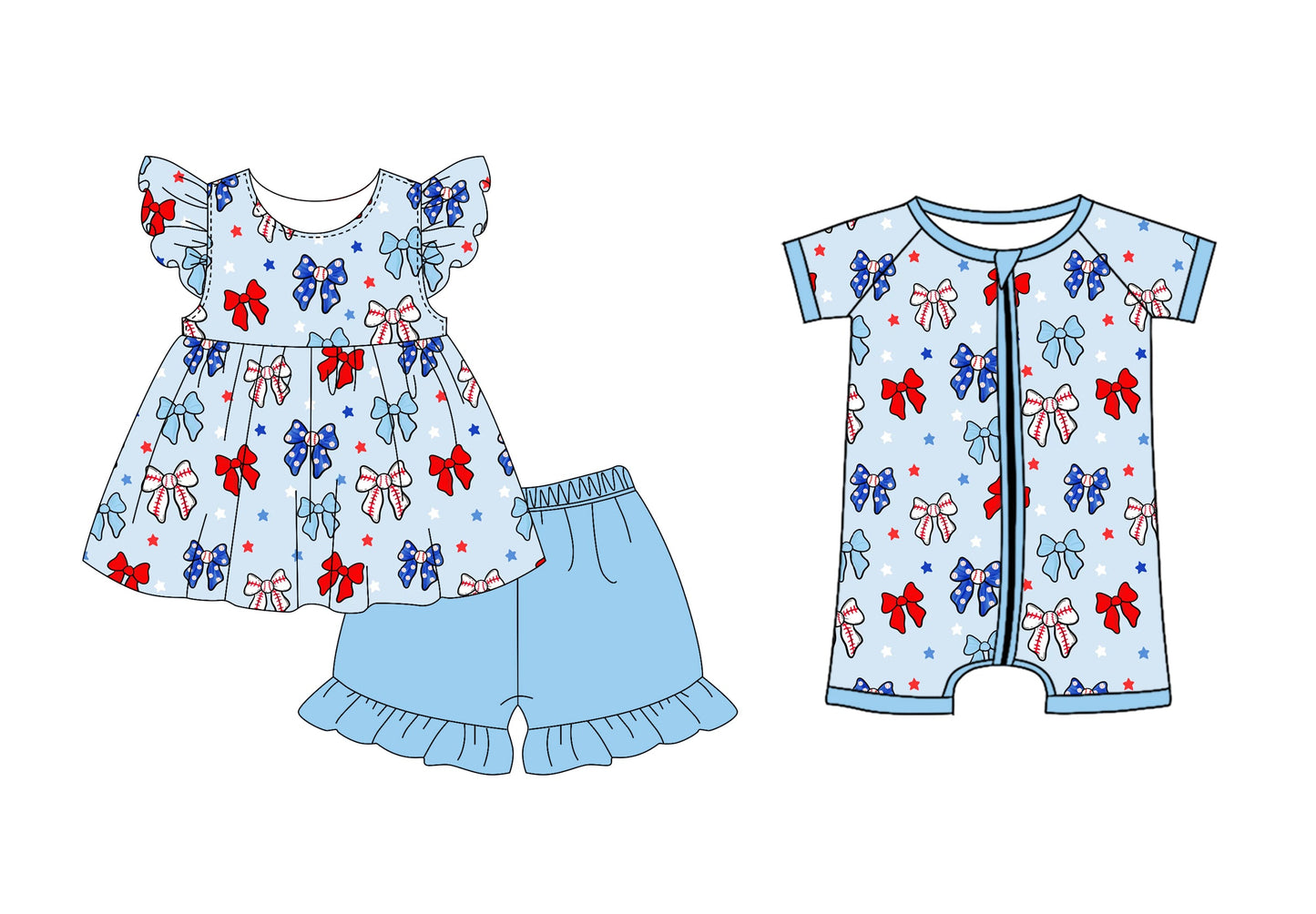 Baby Girl Short Sleeves Bows July 4th Sibling Romper Set ( Moq 5 Each Style ) 2.27
