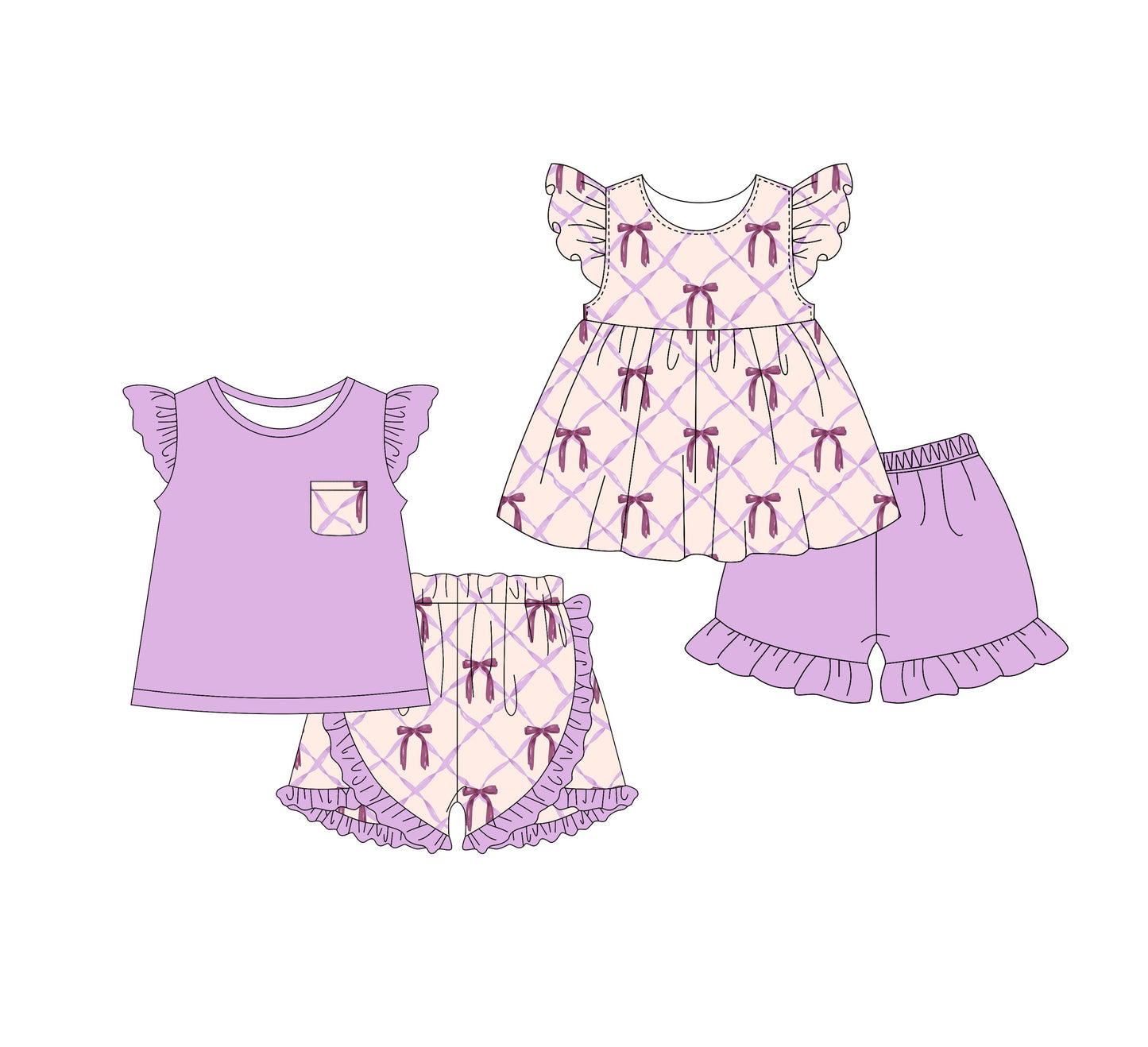 Baby Girl Short Sleeves Bows Purple Sibling Set ( Moq 5 Each Style ) 1.16