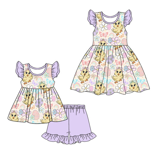 Baby Girl Short Sleeves Easter Chicks Eggs Flower Sibling Dress Set ( Moq 5 Each Design ) 12.16