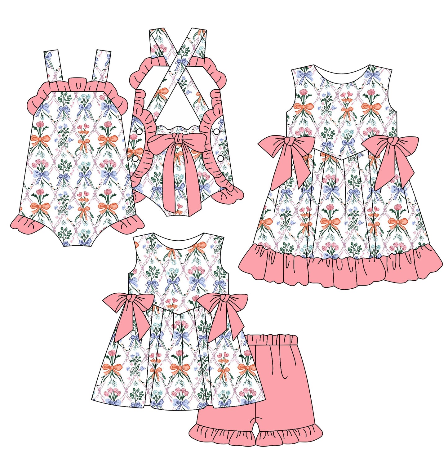 Baby Girl Straps Flower Bows Sibling Romper Dress Set ( Moq 5 Each Style ) 2.17