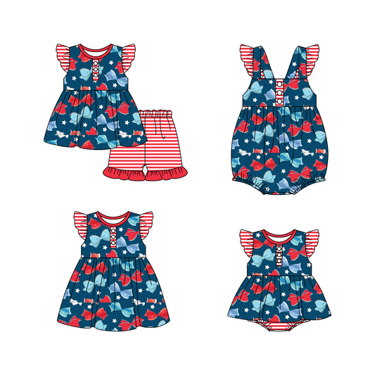 Baby Girl July 4th Bows Sibling Romper Dress Clothes Set ( Moq 5 Each Design )