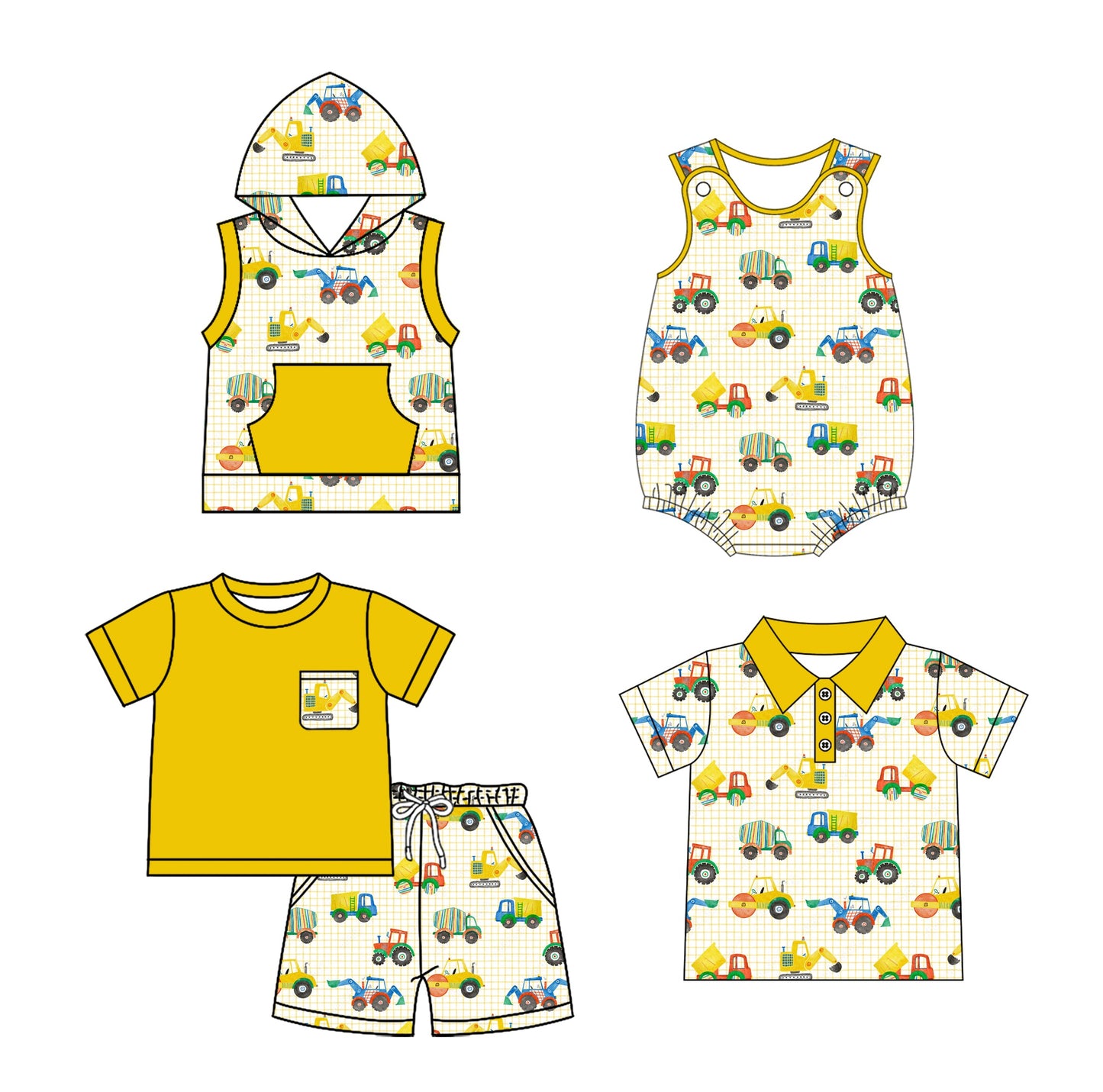Baby Boy Trucks Yellow Sibling Romper Shirt Set ( Moq 5 Each Style ) 2.24