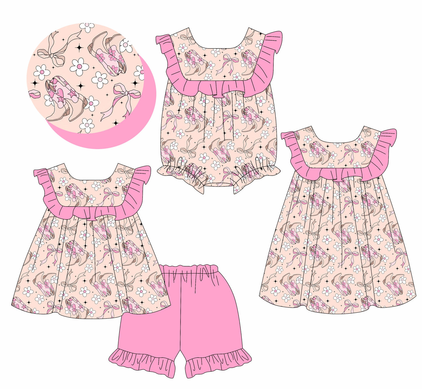 Baby Girl Western Boots Flower Bows Sibling Romper Dress Set ( Moq 5 Each Style ) 3.31