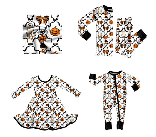 ( Moq 5 Each Style ) Baby Girl Toddler Halloween Bows Pumpkins Ghosts Sibling Romper Dress Set