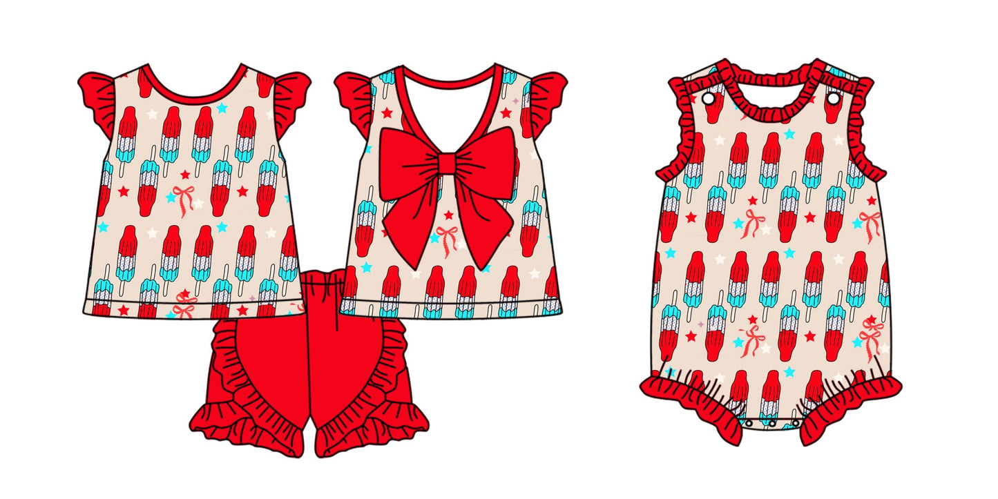 Baby Girl Popsicles Bow July 4th Sibling Romper Set ( Moq 5 Each Style ) 2.10