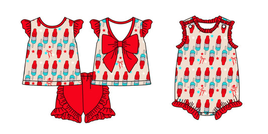 Baby Girl Popsicles Bow July 4th Sibling Romper Set ( Moq 5 Each Style ) 2.10
