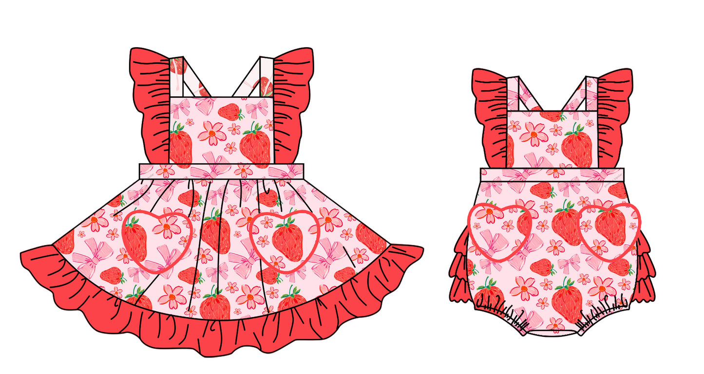 Baby Girl Strawberry Flower Bows Sibling Matching Romper Dress ( Moq 5 Each Design )