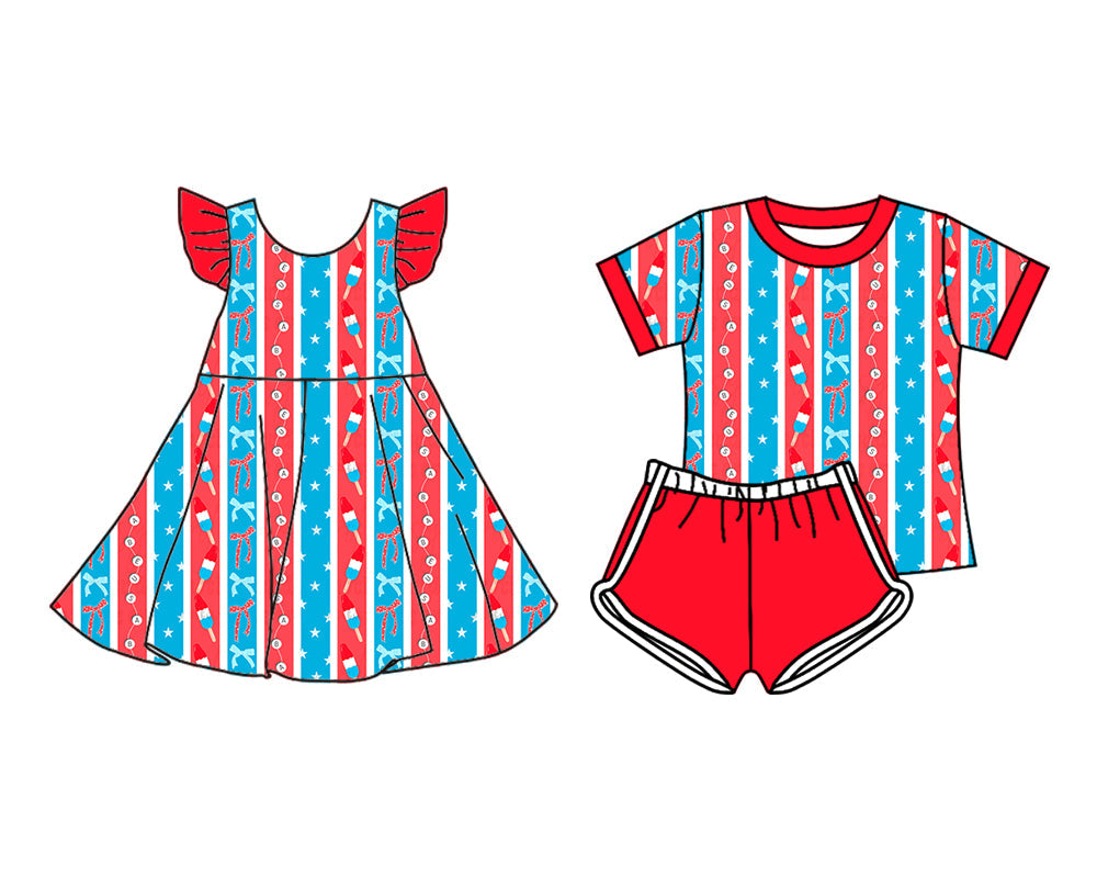 ( Moq 5 Each Style ) Baby Girl 4th Of July Bows Sibling Summer Dress Set 4.19