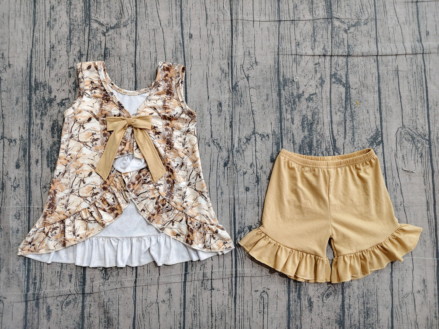 Baby Girls Kids Sleeveless Leaves Back Bow Tops Shorts Set Camo Clothes RTS