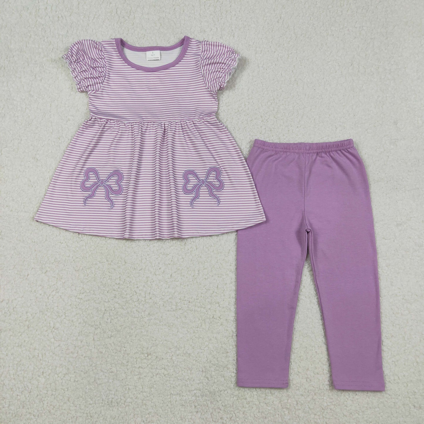 Baby Girls Short Sleeves Stripes Bows Embroidery Tunic Purple Leggings Clothes Set RTS