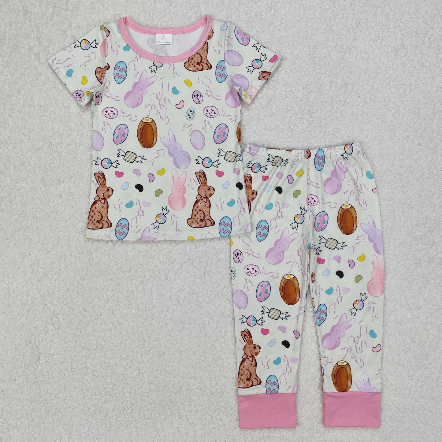 Baby Girl Short Sleeves Easter Rabbits Eggs Shirt Pants Pajamas Set RTS
