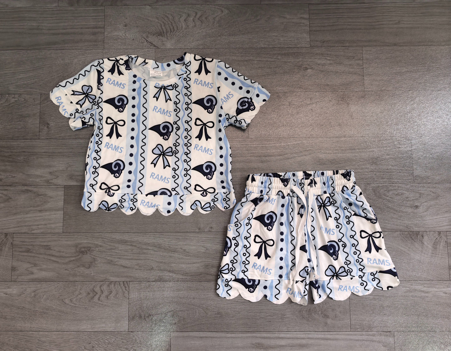 ( No moq ) Preorder Baby Girls Kids Short Sleeves Blue Bows Shirt Scallop Shorts Set Team Clothes