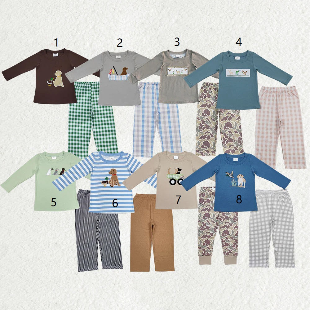 Baby Boy Long Sleeves Dogs Ducks Embroidery Shirt Pants Set Sibling Hunting Clothes RTS