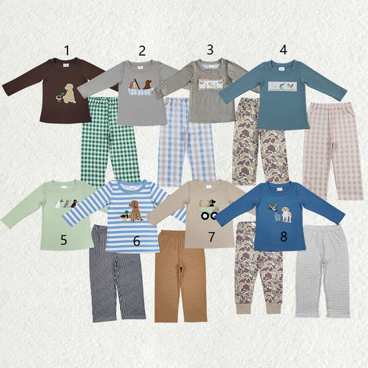 Baby Boy Long Sleeves Dogs Ducks Embroidery Shirt Pants Set Sibling Hunting Clothes RTS
