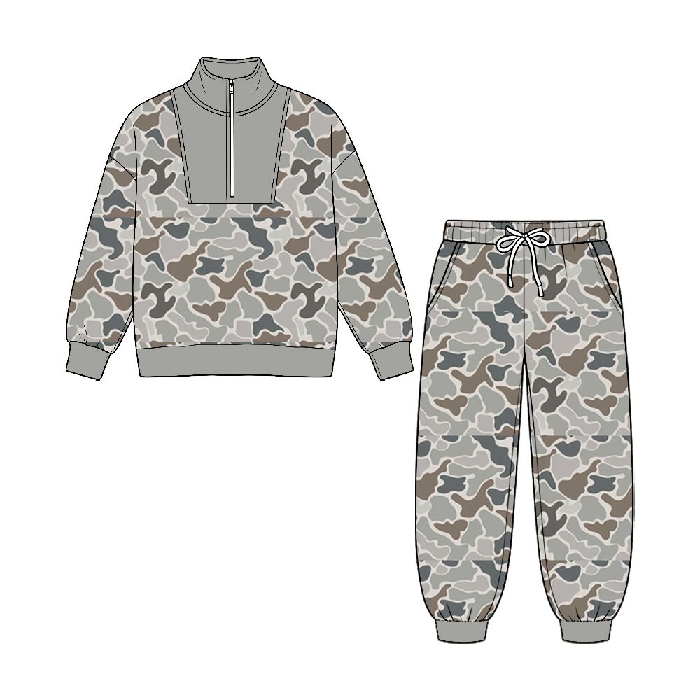 ( No moq ) Preorder Baby Boys Kids Long Sleeves Grey Camo Print Zipper Pullover Pockets Pants Set Clothes
