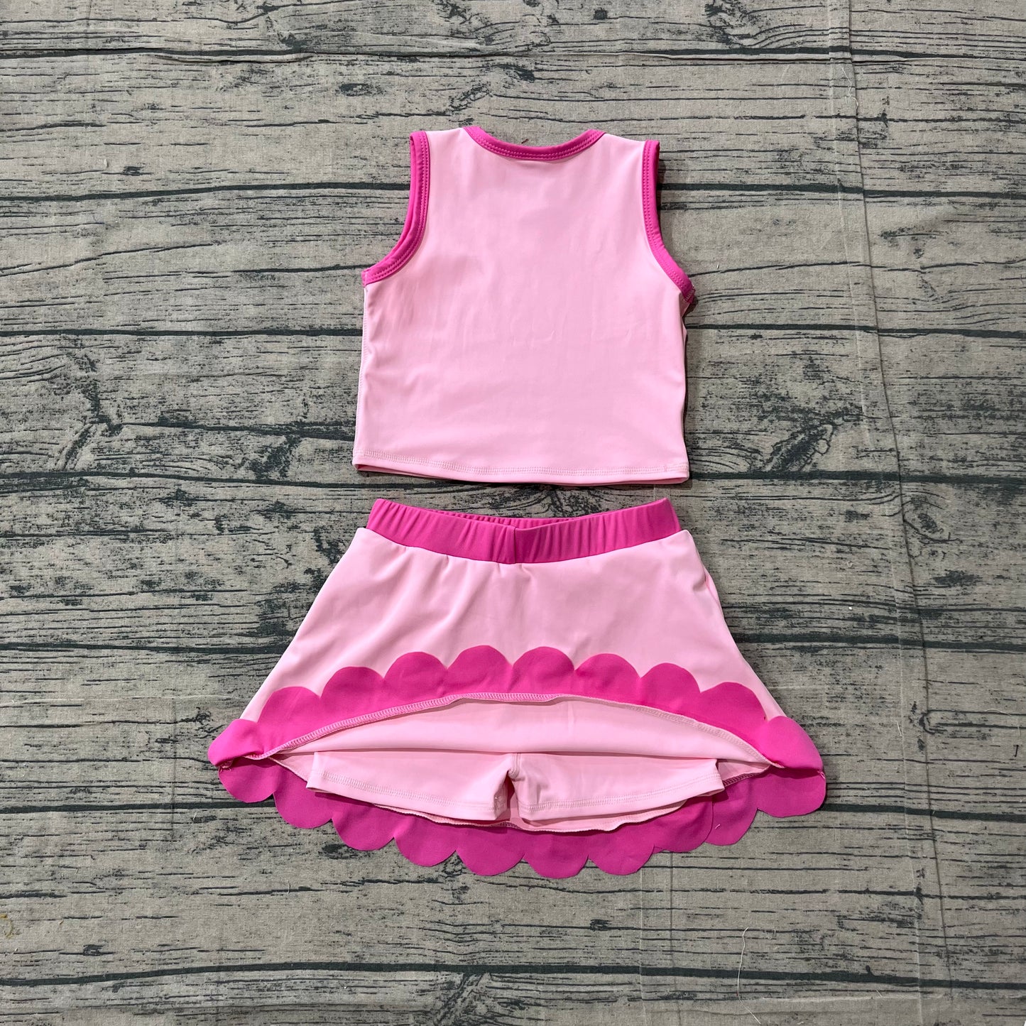 ( No moq ) Preorder Baby Girls Kids Shirt Scallop Skirt Shorts Yoga Active Pink Set Clothes