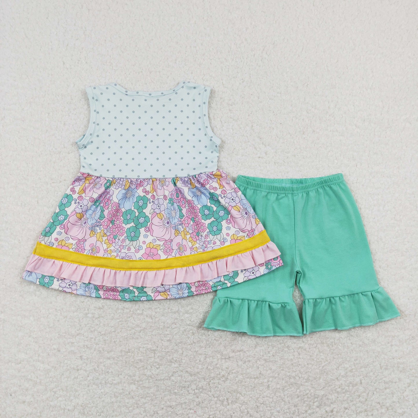 GSSO0503 Baby Girl Sleeveless Floral Ruffle Tunic Green Shorts Set
