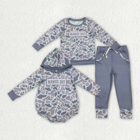 Sibling Baby Boys Kids Embroidery Mama's Boy Camo Grey Romper Clothes Set RTS