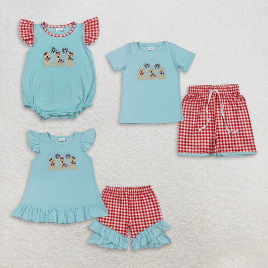Sibling Baby Boys Girls Embroidery Dogs Flags Rompers Sets 4th of July Clothes RTS