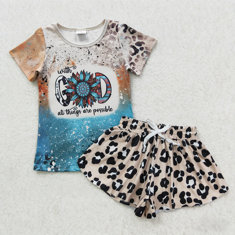 Baby Girls Kids Short Sleeves Flower Shirt Leopard Ruffle Shorts Set Western Clothes RTS