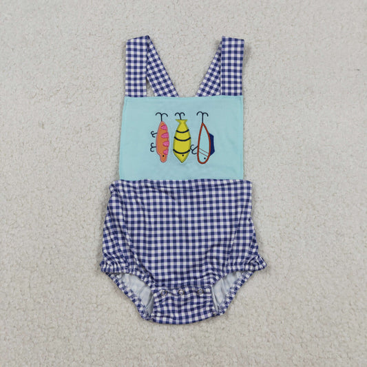 Baby Boys Infant Straps Embroidery Fishing Blue Plaid Bubble Romper RTS