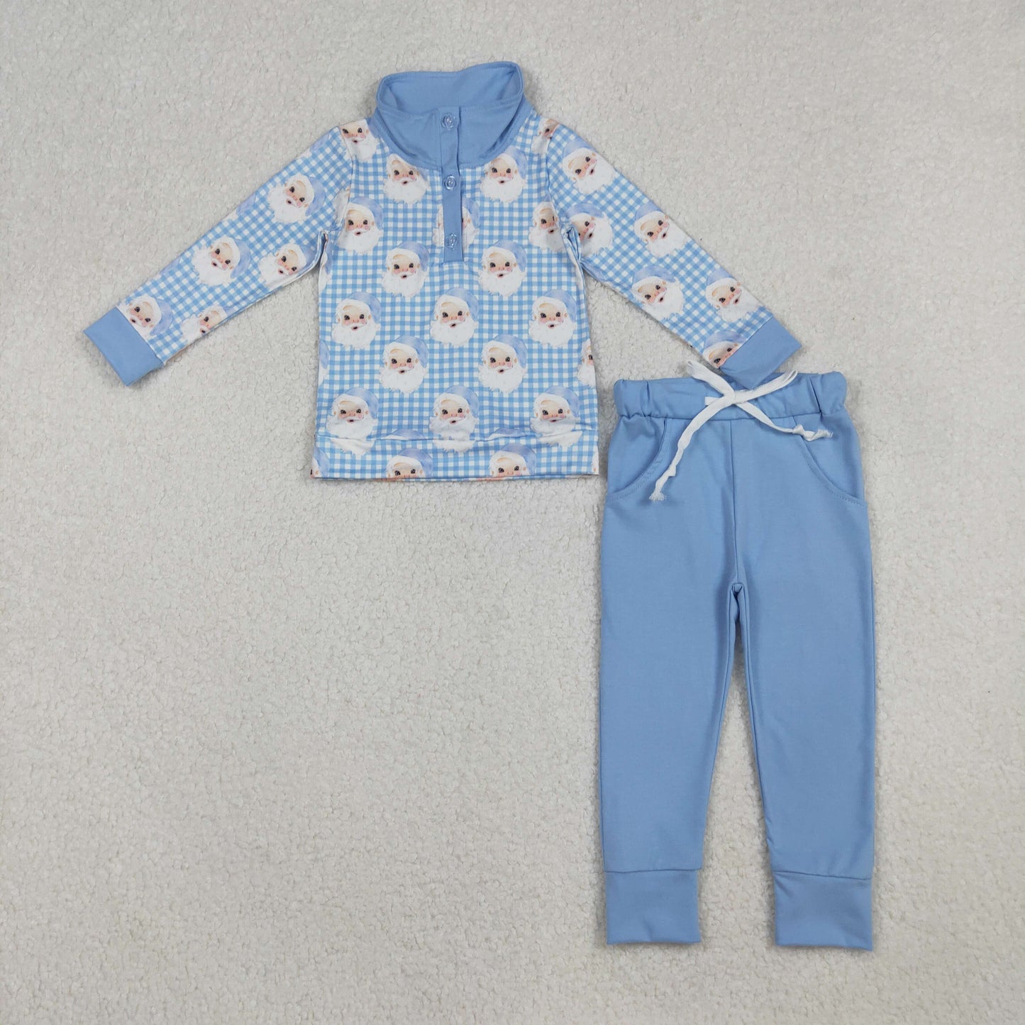 Boys Kids Long Sleeves Santa Christmas Shirt Blue Pants Set RTS