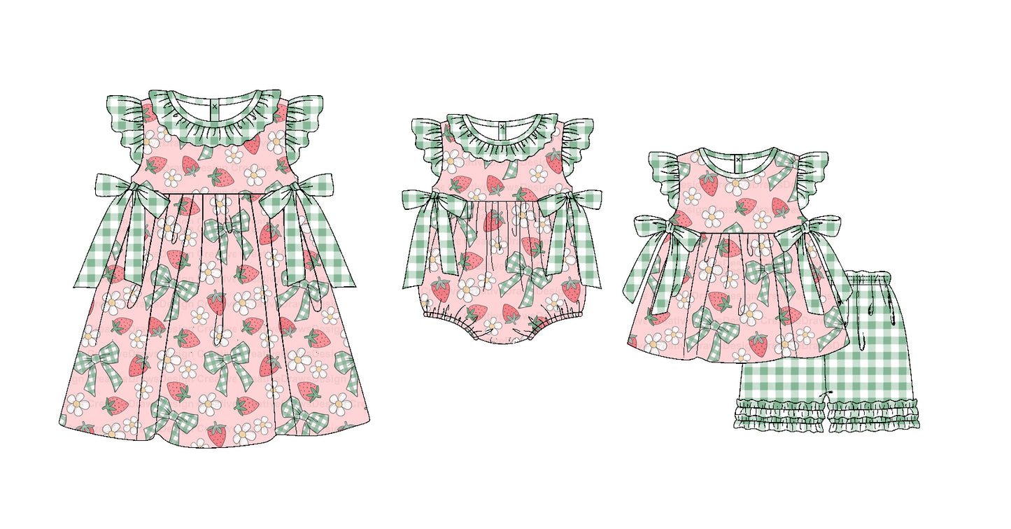 Baby Girl Strawberry Flower Green Bows Sibling Romper Dress Clothes Set ( Moq 5 Each Design )11.19